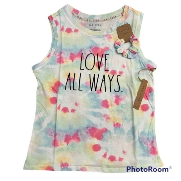 NWT RAE DUNN Women S Tie Dye 'LOVE ALL WAYS' Sleeveless Tank TOP w Scrunchie - Picture 3 of 7